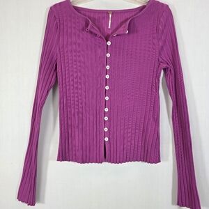 Free People Tilly Ribbed Long Sleeve Cardigan Top Magenta Pink Large